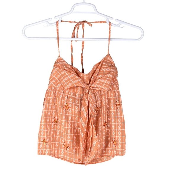 Wet Seal Vintage Womens M Y2K Babydoll Cami Halter Top Peach Floral Embellished - Picture 8 of 15
